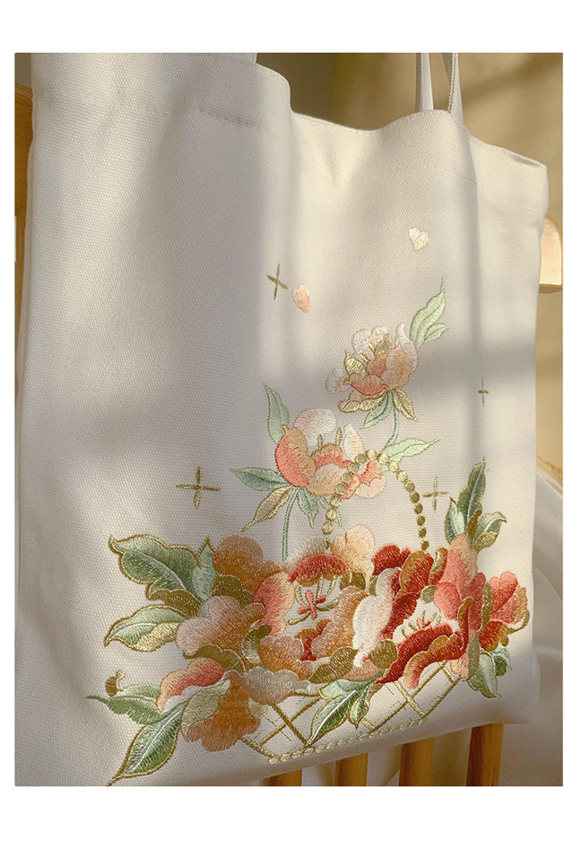 Flower Basket Embroidery Tote Bag