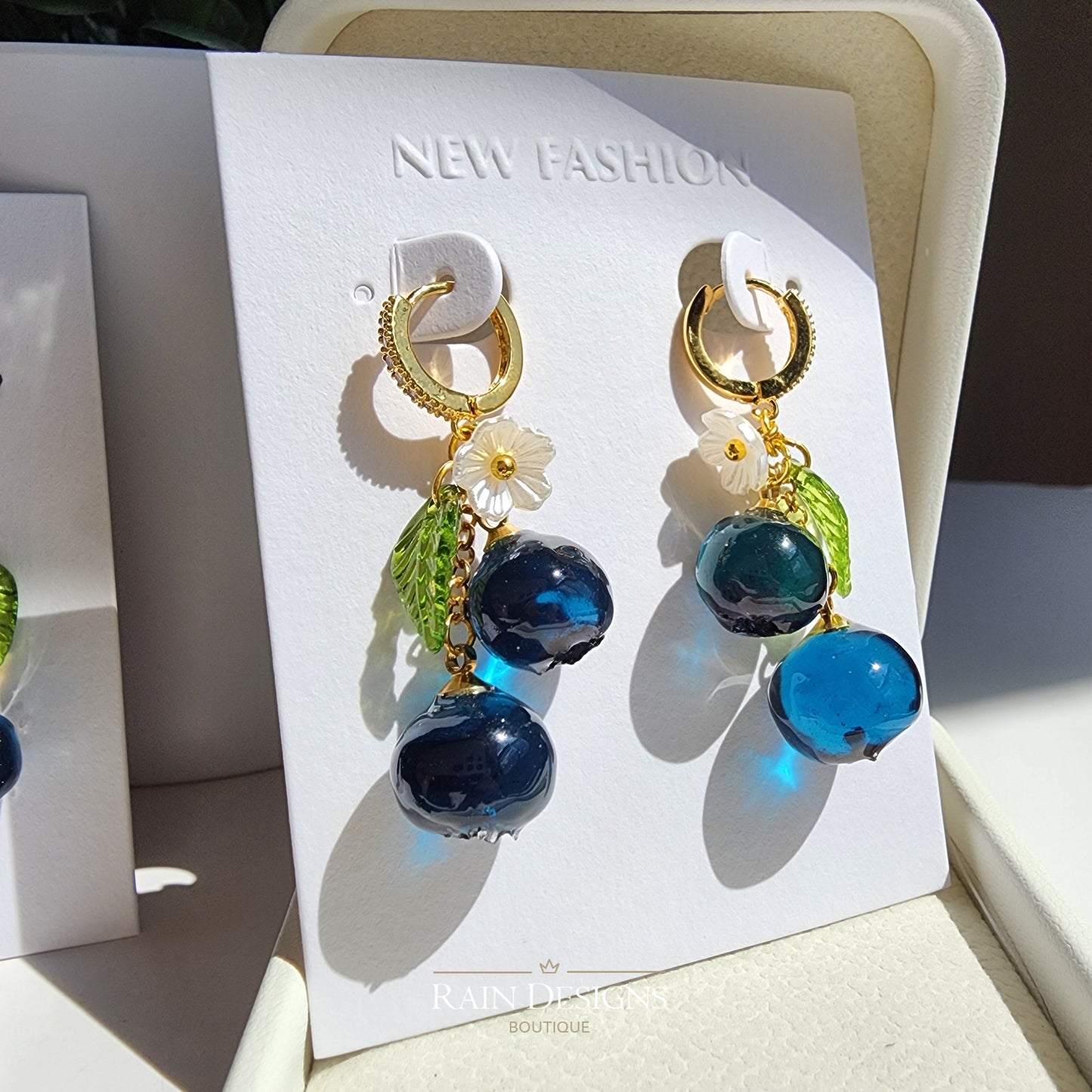 Blueberry Dangle Earrings| Handmade Resin Blueberry Cluster Fruit Earrings