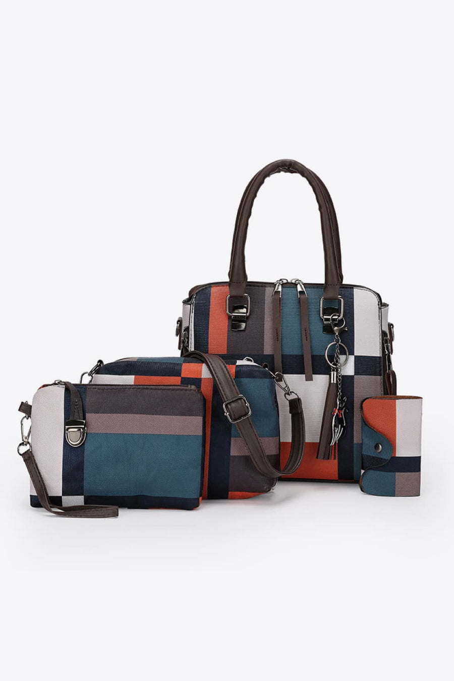 PU Leather Bag Set, Color Block Design, Four-Piece Set, Fashion Accessories, Stylish Handbags, Trendy Purses, Versatile Collection, Modern Design, Functional Accessories, Chic Ensemble