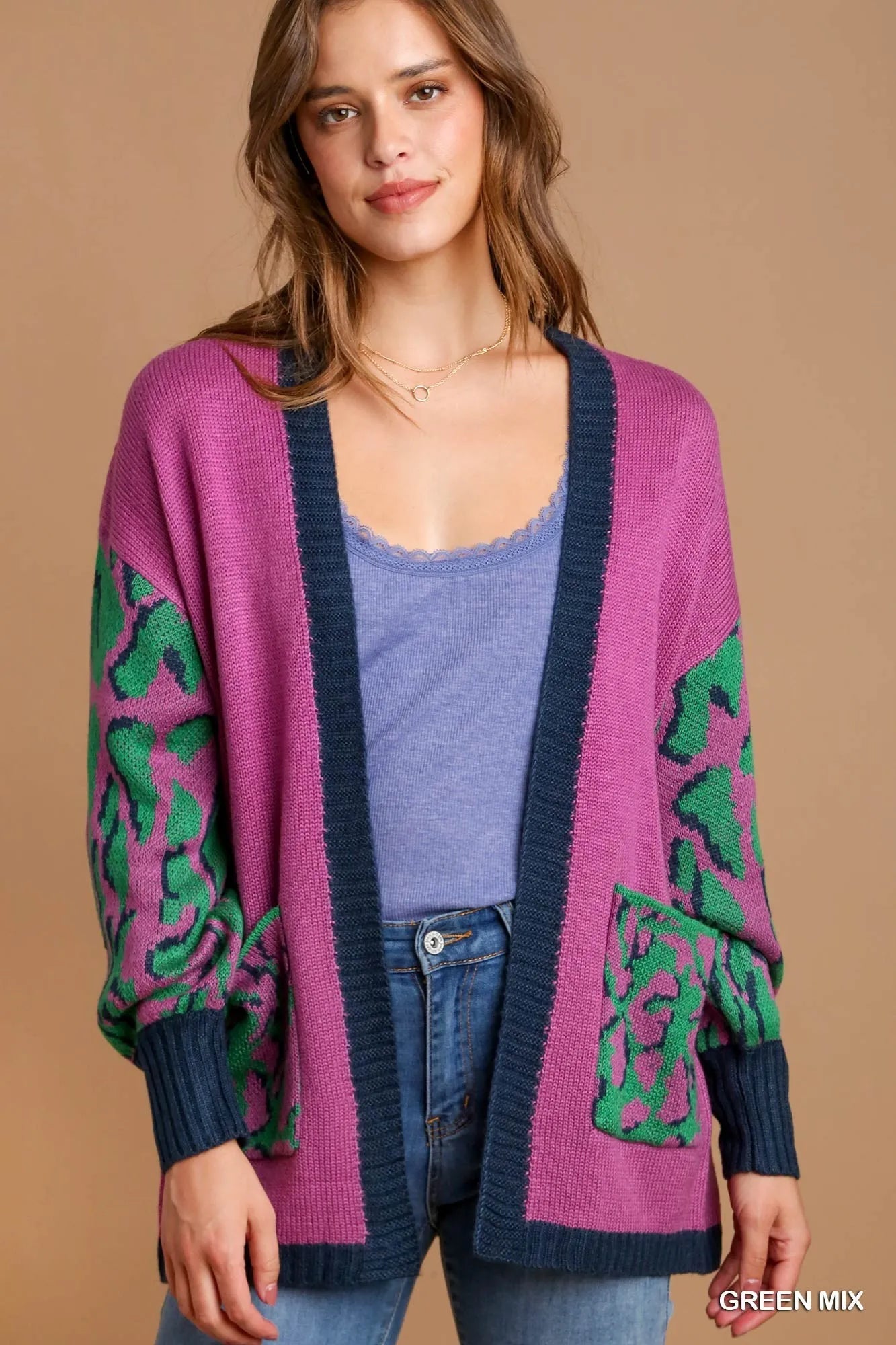 Umgee Animal Print Open Front Sweater Cardigan