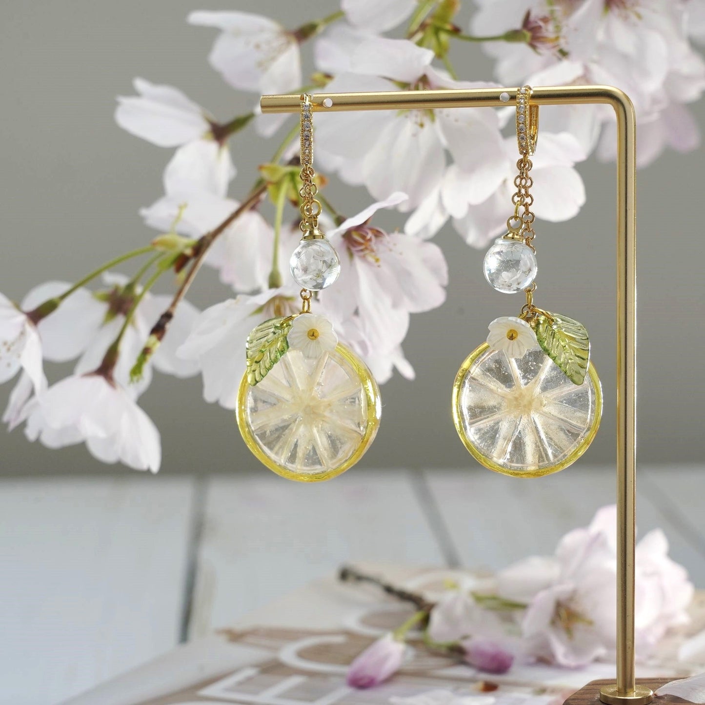 Lemon Kumquat Slice with White Flower Earrings | Citrus Resin Dangle Earrings