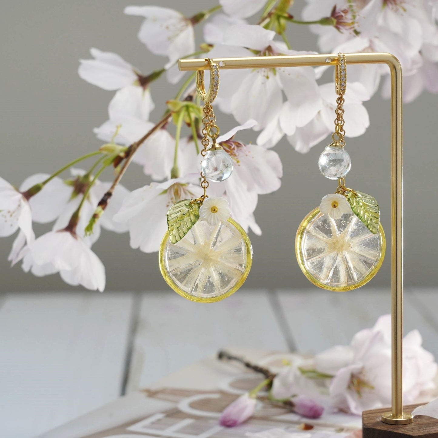 Lemon Kumquat Slice with White Flower Earrings | Citrus Resin Dangle Earrings
