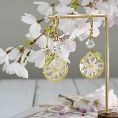 Lemon Kumquat Slice with White Flower Earrings | Citrus Resin Dangle Earrings
