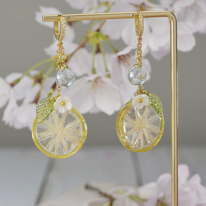 Lemon Kumquat Slice with White Flower Earrings | Citrus Resin Dangle Earrings
