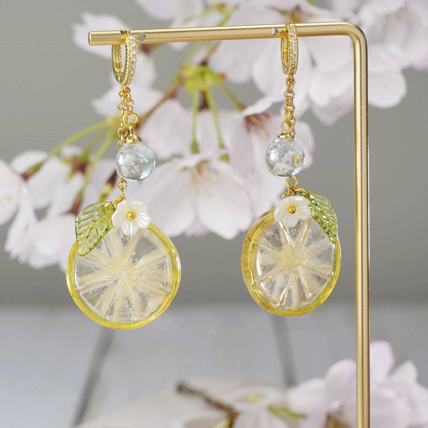 Lemon Kumquat Slice with White Flower Earrings | Citrus Resin Dangle Earrings