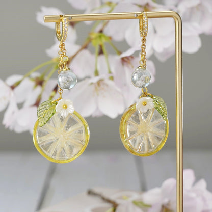 Lemon Kumquat Slice with White Flower Earrings | Citrus Resin Dangle Earrings