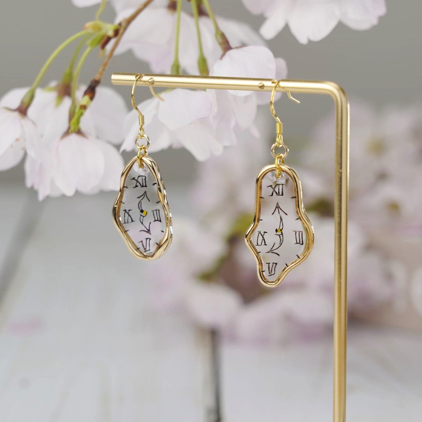 Melting Dali Clock Earrings |Hand-painted Gold and Silver Dali's Soft Watches | Resin Modern Art Earrings
