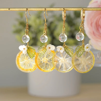 Lemon Kumquat Slice with White Flower Earrings | Citrus Resin Dangle Earrings