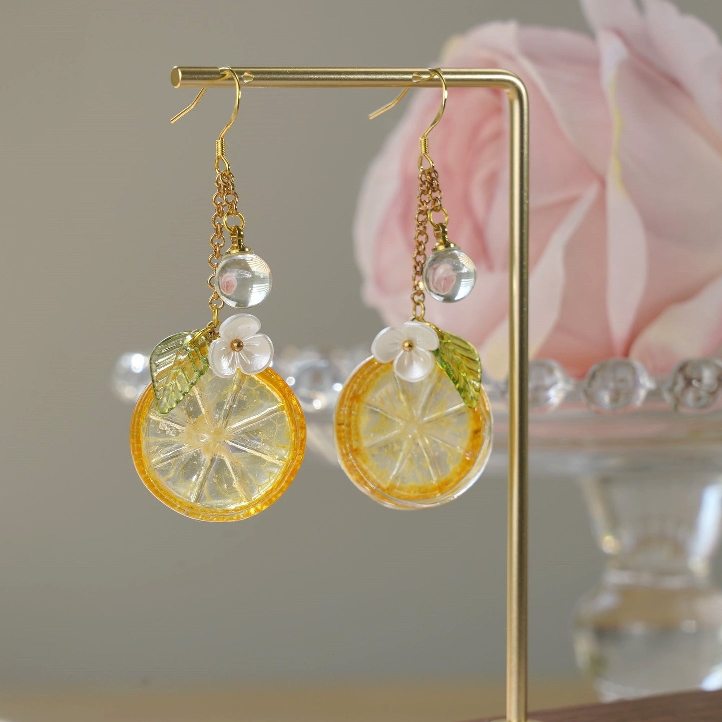Lemon Kumquat Slice with White Flower Earrings | Citrus Resin Dangle Earrings