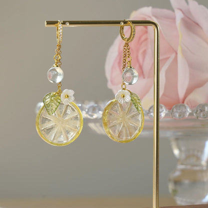 Lemon Kumquat Slice with White Flower Earrings | Citrus Resin Dangle Earrings