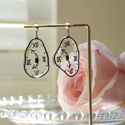 XL Melting Clocks Dangle Earrings | Hand-painted Dali's Soft Watches Earrings | Resin 925 Silver Modern Art Fun Earrings