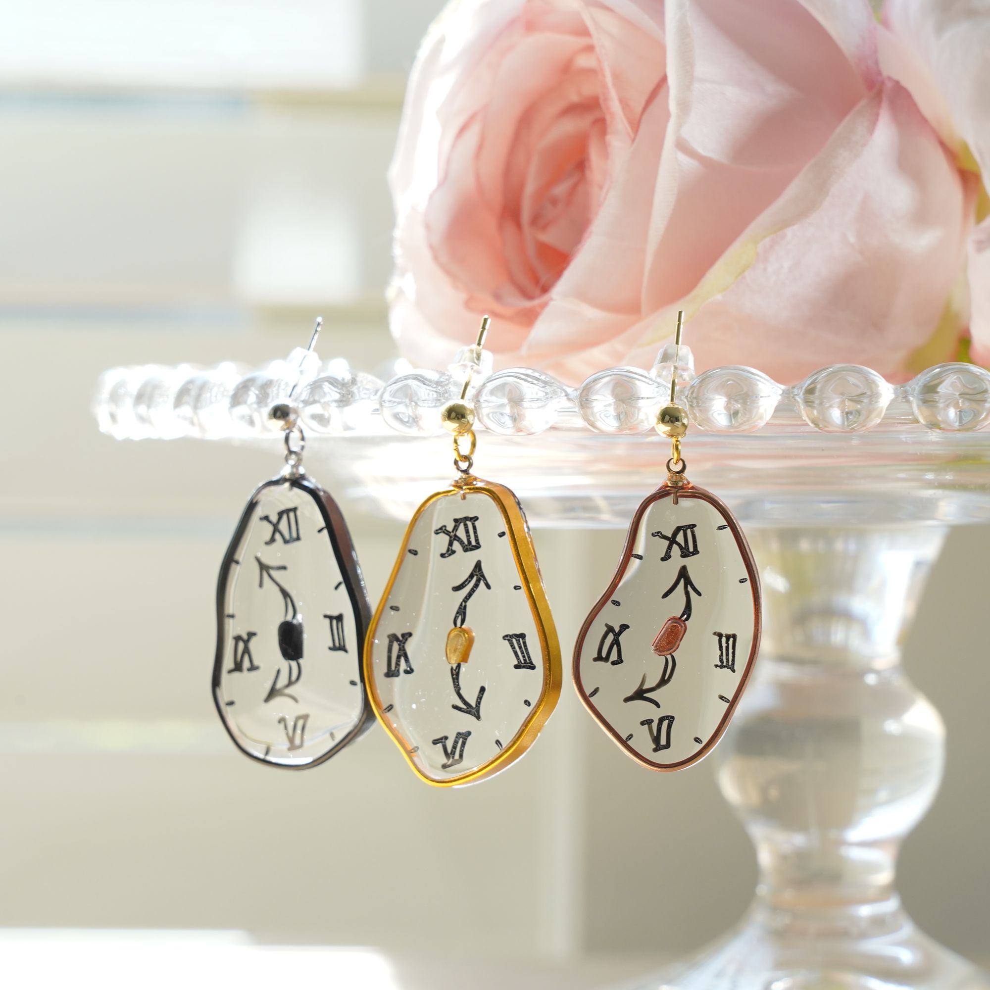 XL Melting Clocks Dangle Earrings | Hand-painted Dali's Soft Watches Earrings | Resin 925 Silver Modern Art Fun Earrings