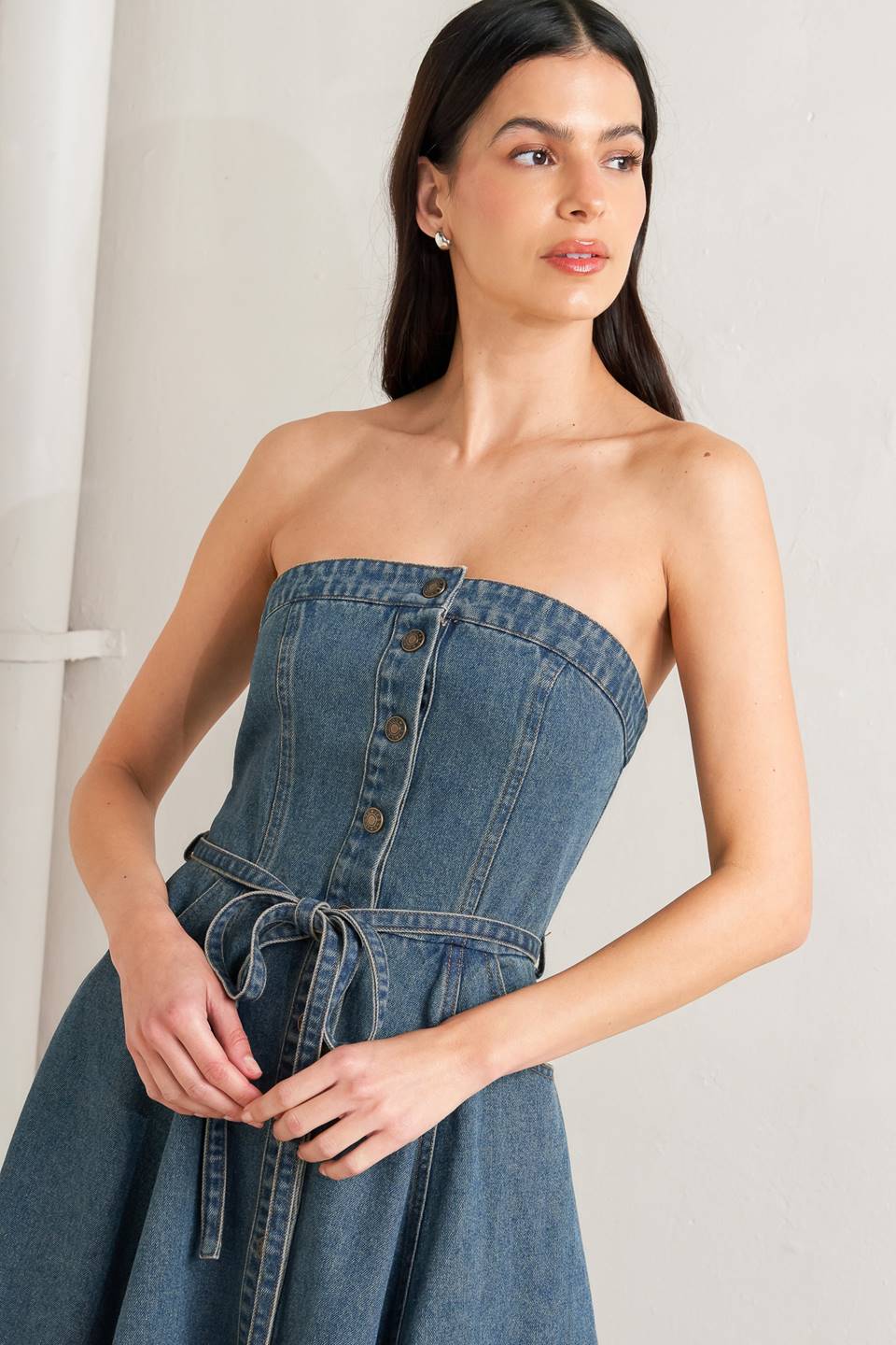 MIDNIGHT VOLUME DENIM MIDI DRESS