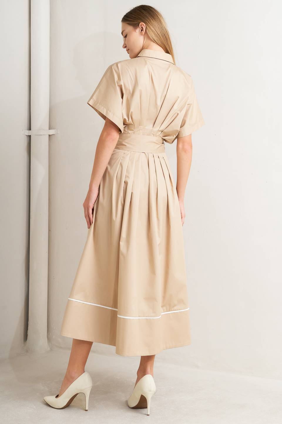 CATCH YOU LATER KHAKI WOVEN MIDI DRESS