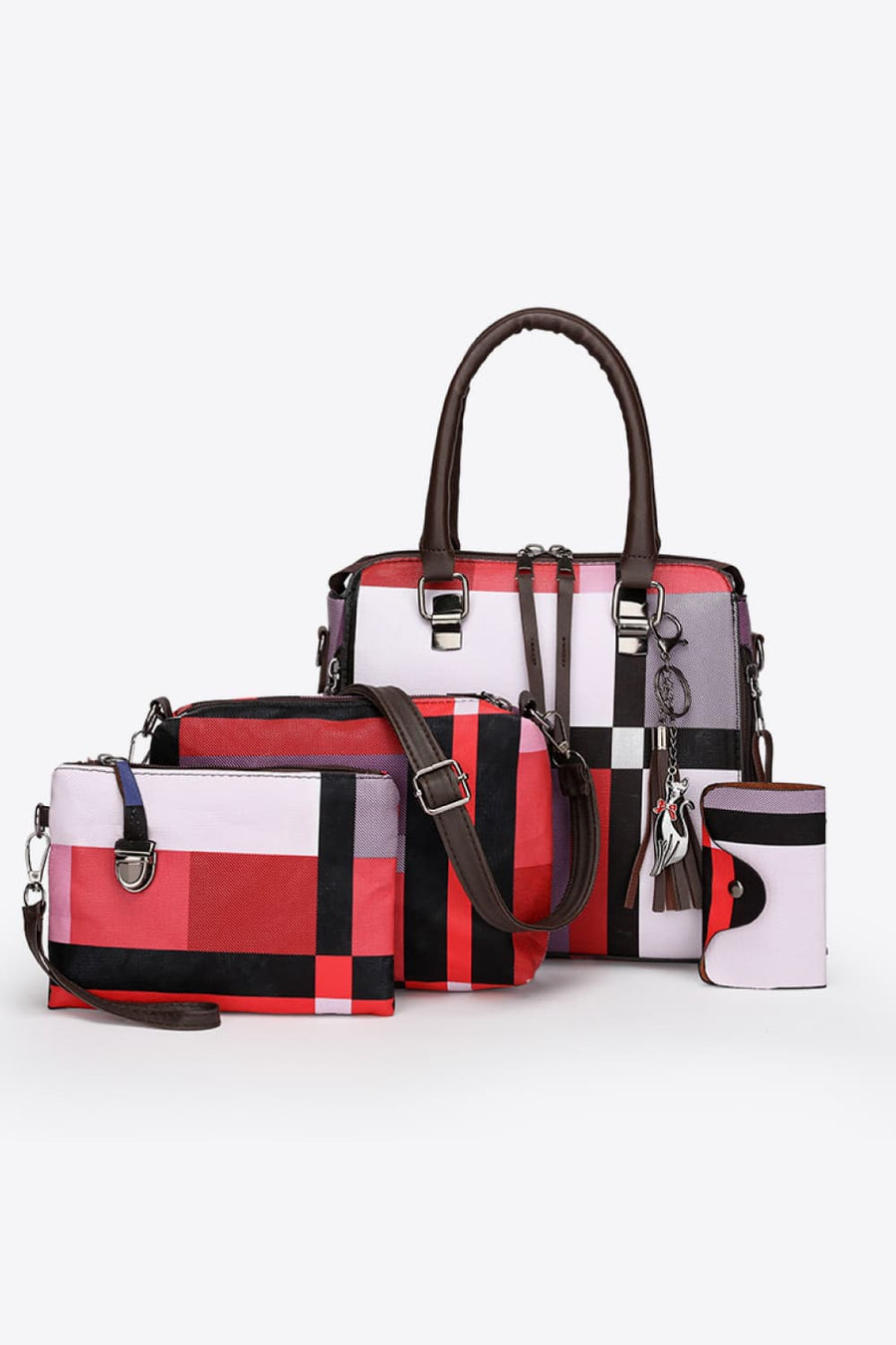 PU Leather Bag Set, Color Block Design, Four-Piece Set, Fashion Accessories, Stylish Handbags, Trendy Purses, Versatile Collection, Modern Design, Functional Accessories, Chic Ensemble