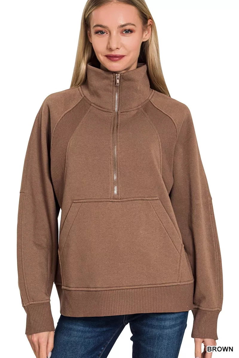 Zenana Half Zip Fleece Sweatshirt with kangaroo Pocket