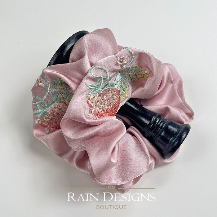 Strawberry Silk Embroidered Scrunchies