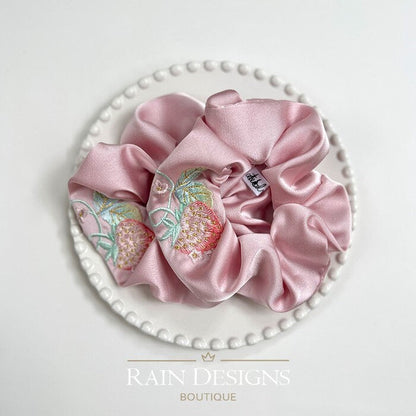 Strawberry Silk Embroidered Scrunchies