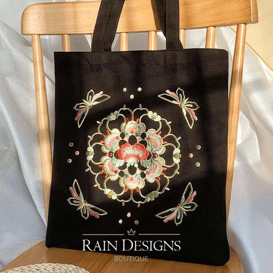 Silk Floral Medallion Embroidery Tote Bag