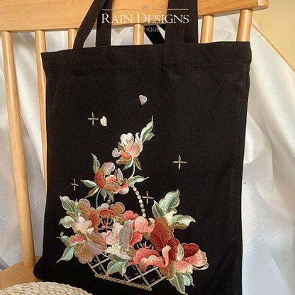 Flower Basket Embroidery Tote Bag