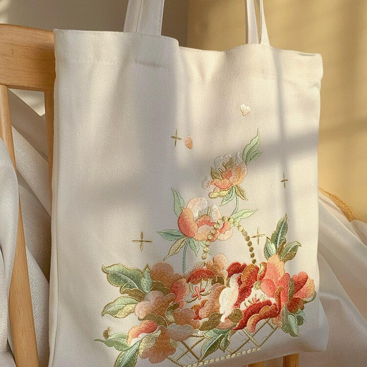 Flower Basket Embroidery Tote Bag