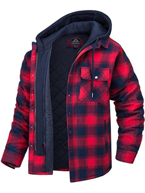 Men casual Thickened Padded Plaid Long Sleeve Loose Hooded Jacket
