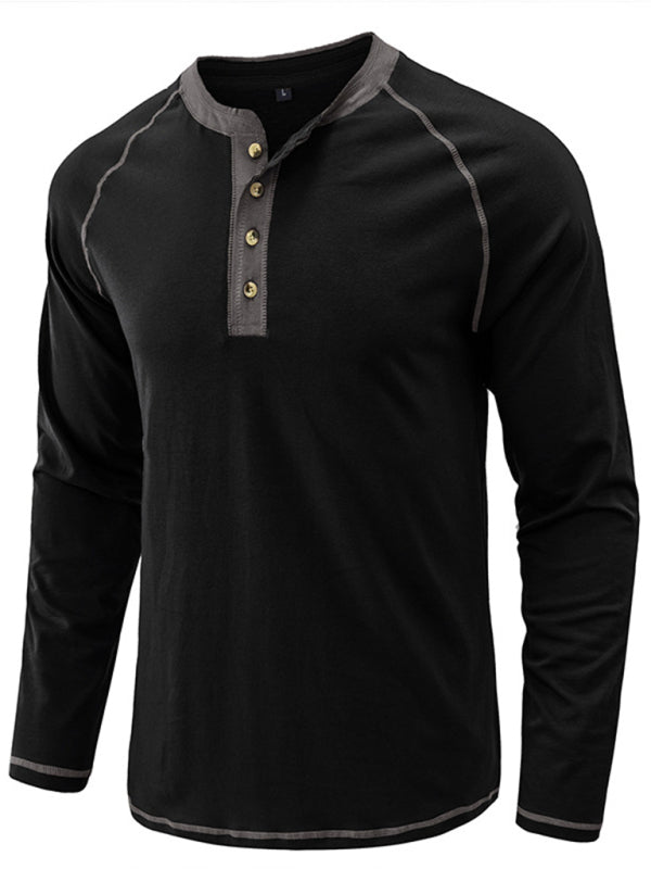 Men's T-Shirt Solid Color Button Colorblock Long Sleeve Top
