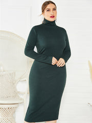 Women's Plus Size Solid Color Knit Turtleneck Long Sleeve Dress