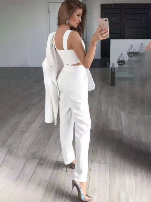 Women's fashion, Solid color suit, Three-piece ensemble, Elegant attire, Sophisticated style, Tailored suits, Formal wear, Fashionable ensemble, Classic chic, Statement outfit.