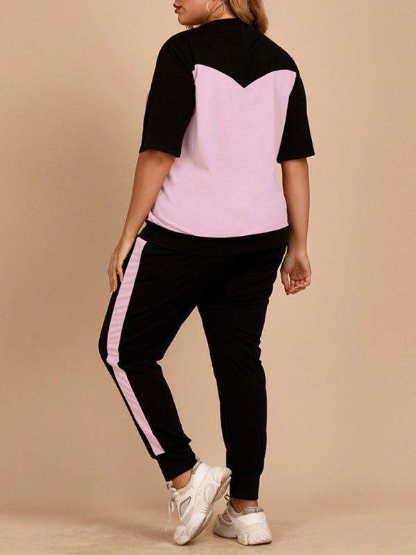 Plus Size Women's Contrasting Color Round Neck Top Elastic Waist Trousers Loose Casual Sports Suit