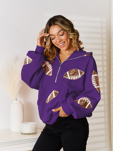 Sequin Football Patch Half-Zip Hoodie