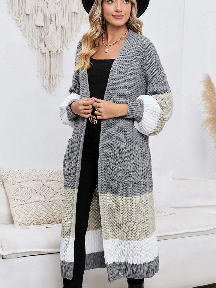 Color Block Long Sleeve Pocketed Cardigan