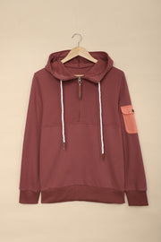 Half Zip Patch Pocket Drawstring Hoodie