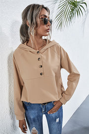 Buttoned Raglan Sleeve Hooded Blouse