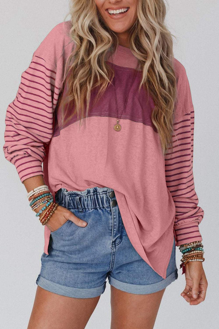  Striped Round Neck Long Sleeve T-Shirt