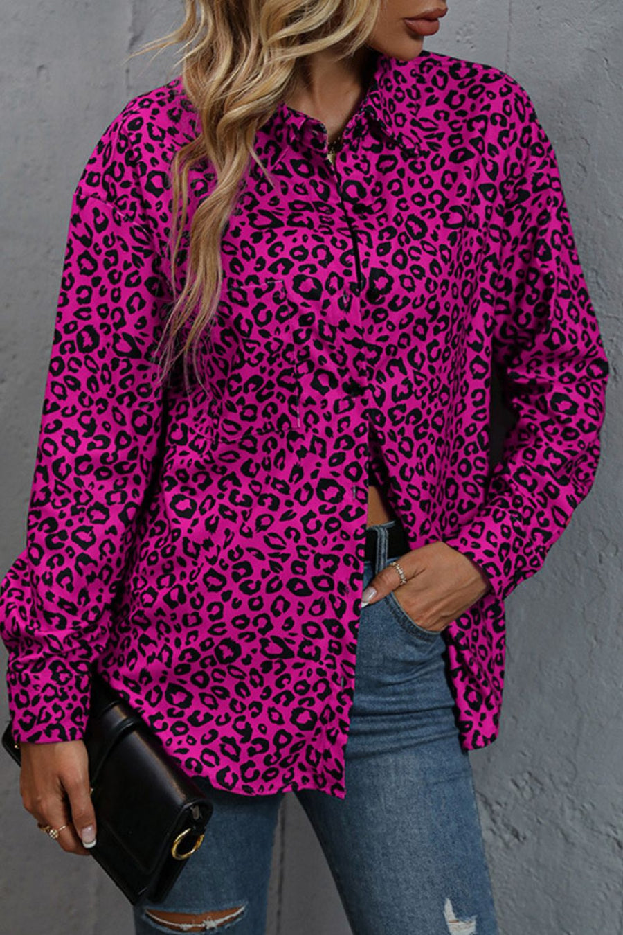 Leopard Print Long Sleeve Dropped Shoulder Shirt