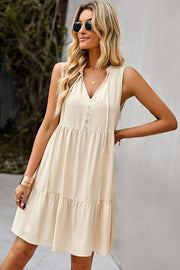 Tie Neck Tiered Dress with Decorative Buttons