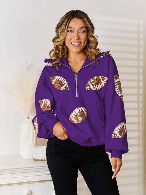 Sequin Football Patch Half-Zip Hoodie