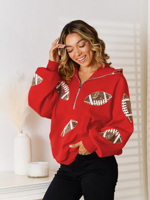 Sequin Football Patch Half-Zip Hoodie