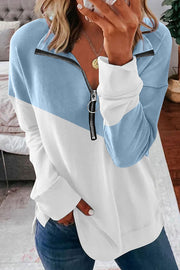 Contrast Zip-Up Collared Neck Dropped Shoulder Blouse