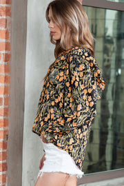 Printed Butterfly Sleeve Tie Neck Blouse