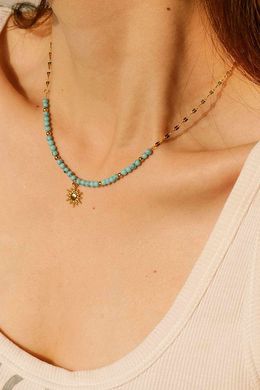 Turquoise Beaded 18K Gold-Plated Sun Shape Pendant NecklaceTurquoise Beaded 18K Gold-Plated Sun Shape Pendant Necklace