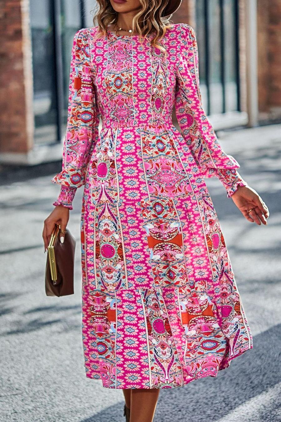 Smocked Round Neck Lantern Sleeve Midi Dress