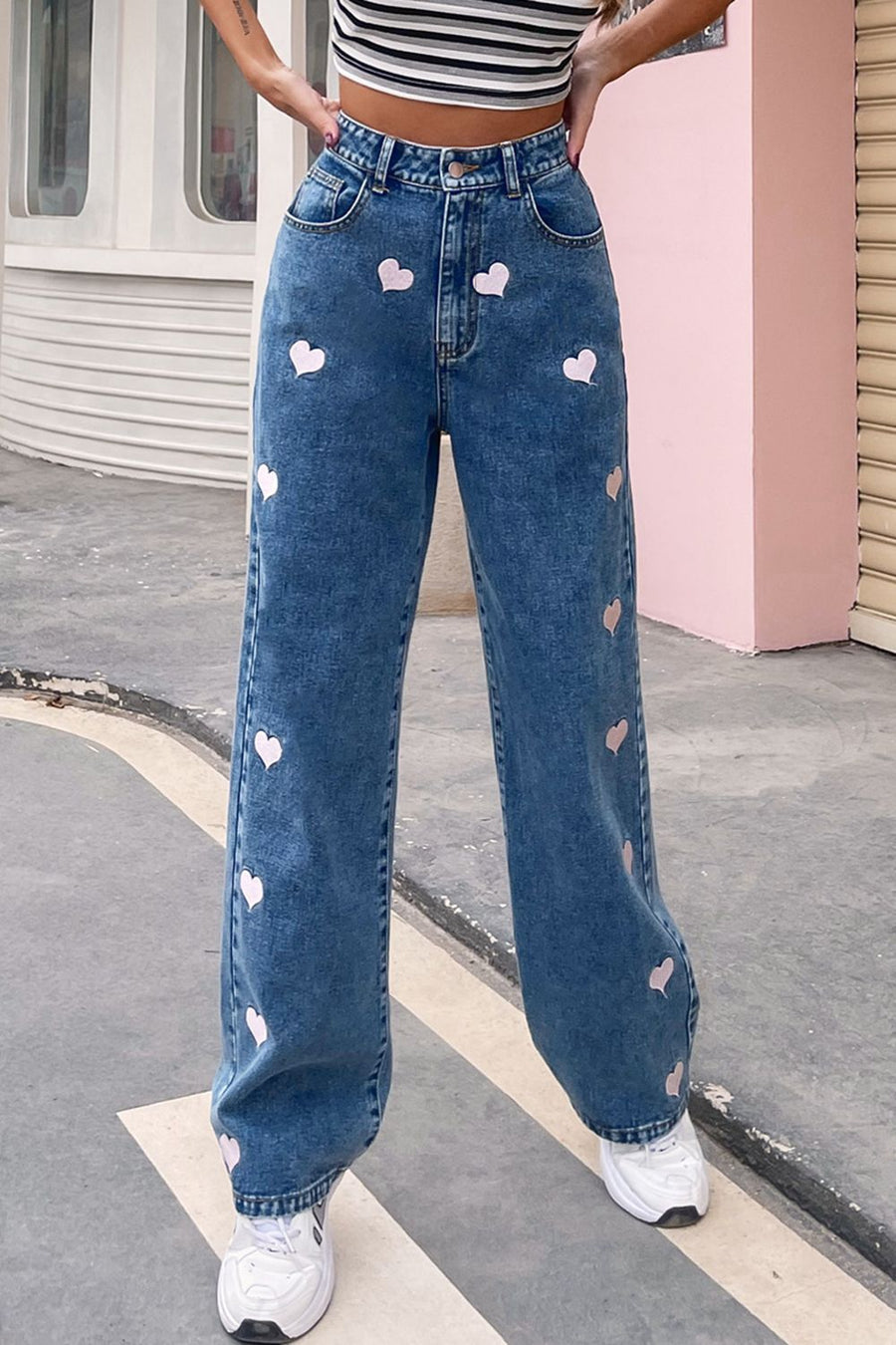Heart Print Buttoned Jeans