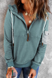 Half Zip Patch Pocket Drawstring Hoodie