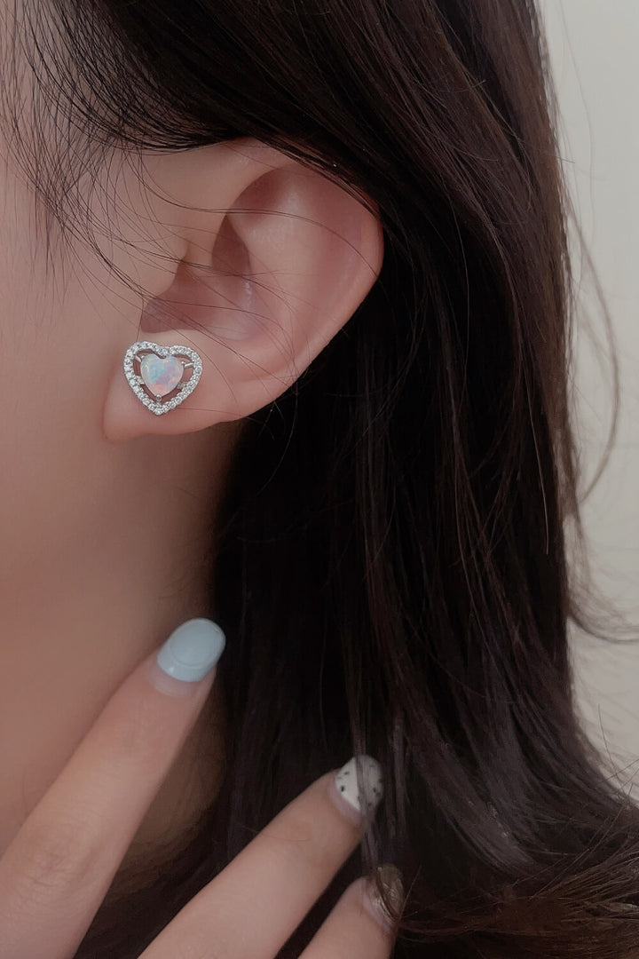 Opal Heart Earrings, Sterling Silver Studs, 925 Silver Jewelry, Heart-Shaped Opal Earrings, Elegant Stud Earrings, Handcrafted Opal Jewelry, Gemstone Studs, Hypoallergenic Silver Earrings, Precious Opal Stones, Fashion Accessories