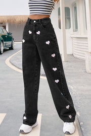 Heart Print Buttoned Jeans
