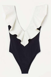 Two-Tone Ruffled Plunge One-Piece Swimsuit