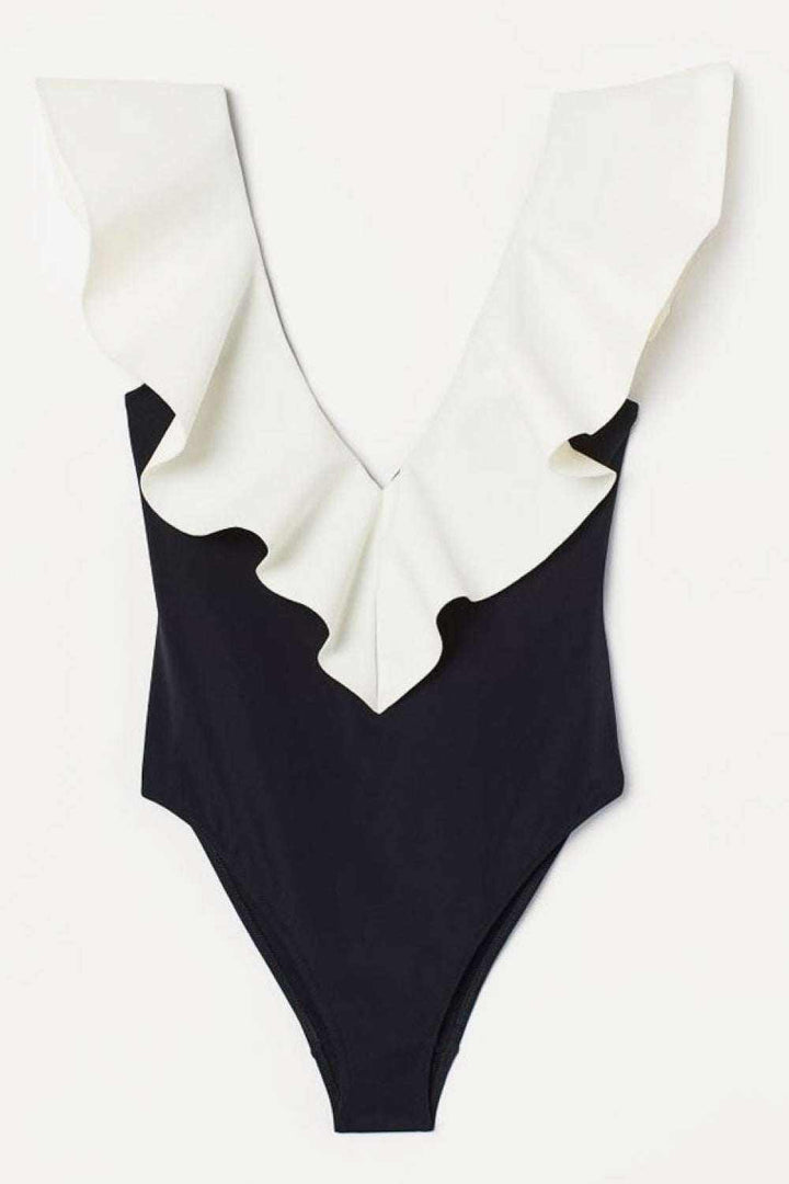 Two-Tone Ruffled Plunge One-Piece Swimsuit